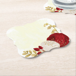 Romantic dark red & white flowers gold wedding paper coaster