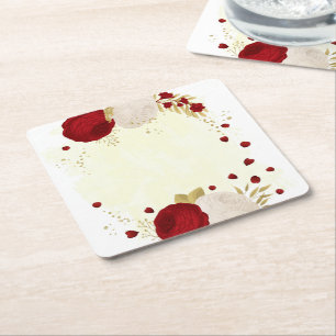 Romantic dark red & white flowers gold wedding square paper coaster