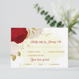 Romantic dark red & white flowers meal choice RSVP card
