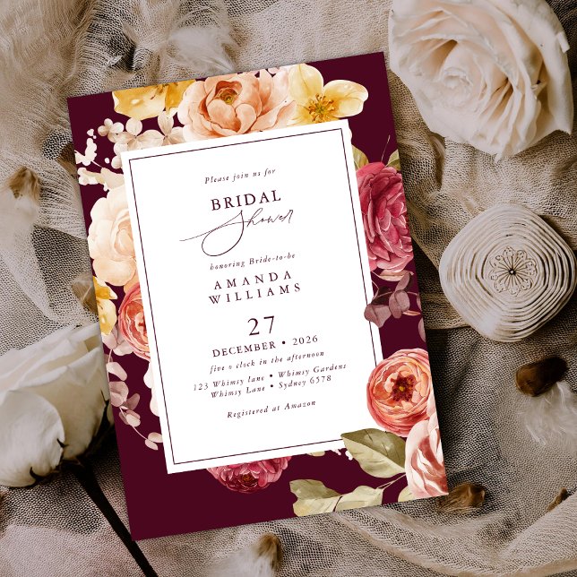 Romantic Deep Burgundy Floral Bridal Shower Invitation (Creator Uploaded)