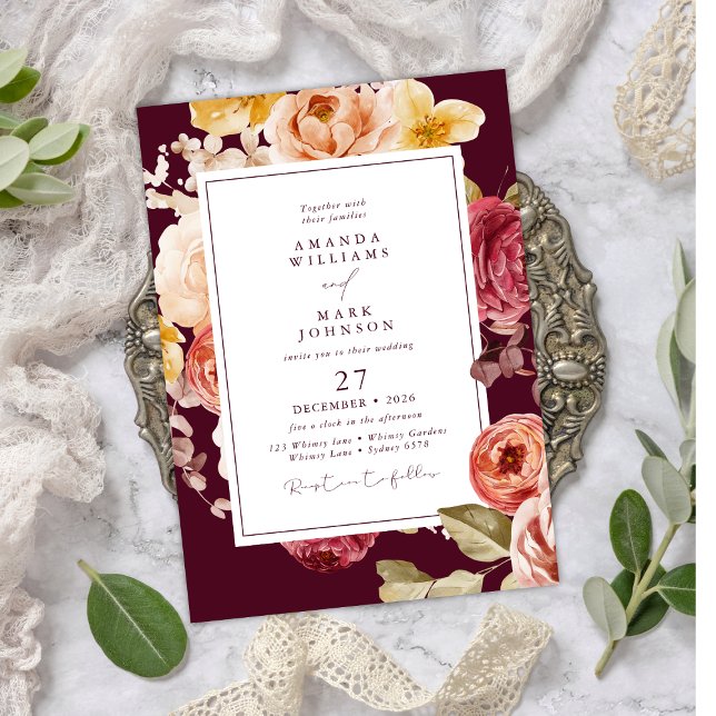 Romantic Deep Burgundy Floral Elegant Wedding  Invitation (Creator Uploaded)