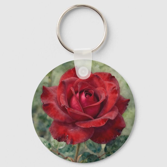 Romantic Deep Red Rose Bloom Keychain (Front)