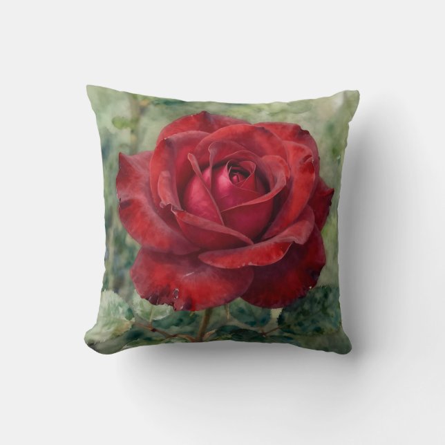 Romantic Deep Red Rose Bloom Throw Pillow (Front)