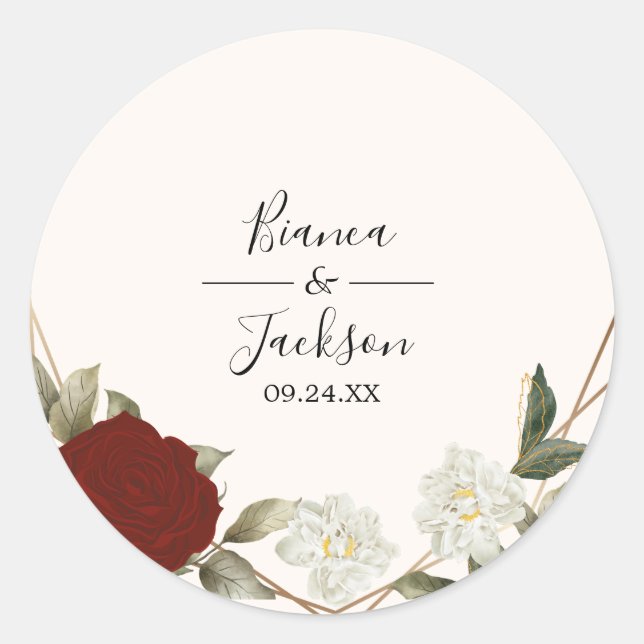 Romantic Deep Red Rose Floral Winter Wedding  Classic Round Sticker (Front)