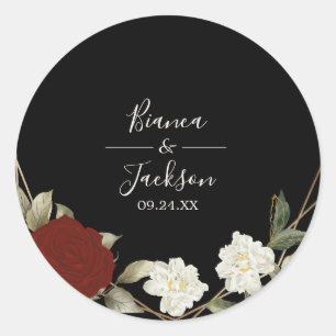 Romantic Deep Rose Floral Winter black Wedding  Classic Round Sticker