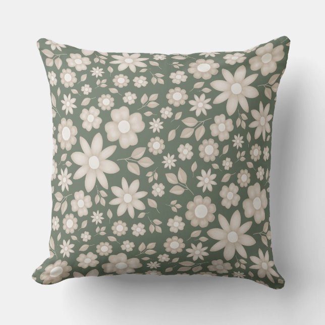 Romantic Deep Sage Watercolor Floral Pattern Throw Pillow (Front)