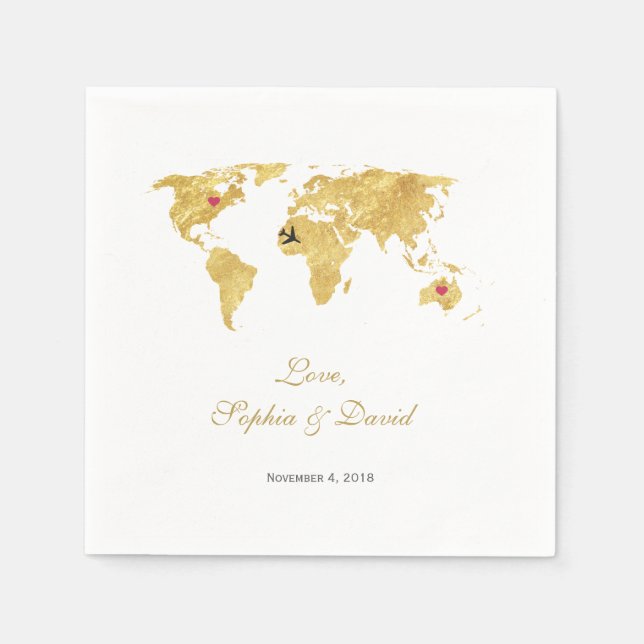 Romantic Destination Wedding Gold World Map Napkin (Front)