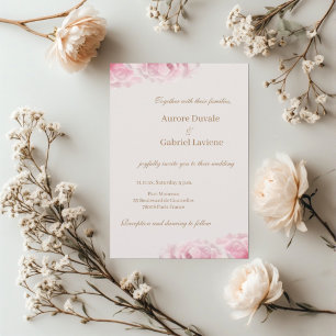 Romantic Dewy Pink Real Roses and Gold Wedding Invitation