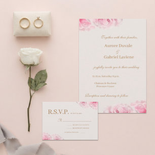 Romantic Dewy Pink Real Roses Wedding RSVP Invitation
