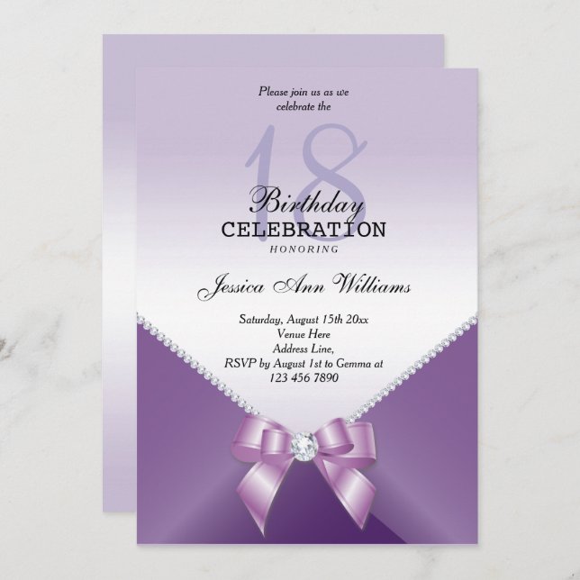 Romantic Diamonds & Bow Birthday Party Invitation (Front/Back)
