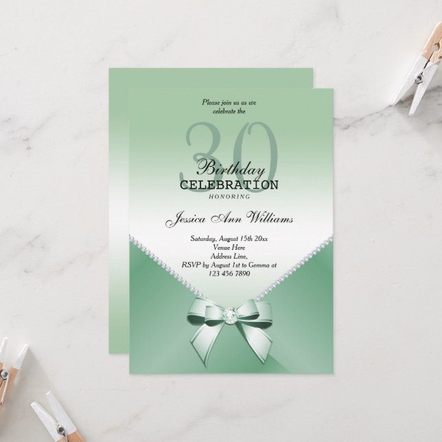 Romantic Diamonds & Mint Green Bow 30th Birthday Invitation (Front/Back In Situ)