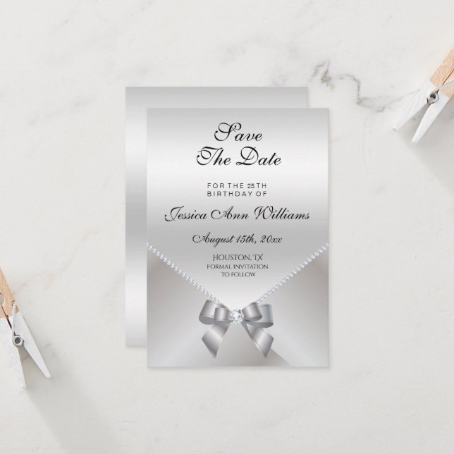 Romantic Diamonds & Silver Bow 25th Save The Date (Front/Back In Situ)