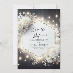 Romantic Digital White Roses Wedding Save The Date
