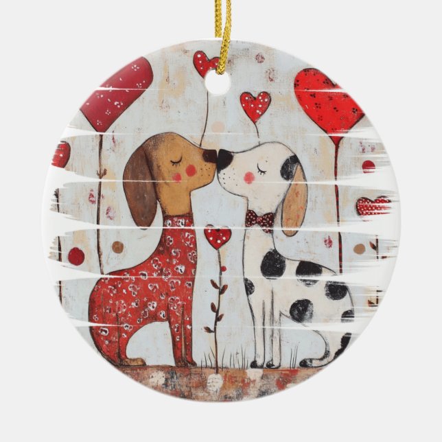 Romantic Dogs with Heart Balloons Ceramic Ornament (Front)