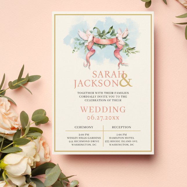 Romantic Doves Coral Wedding Invitation (Creator Uploaded)