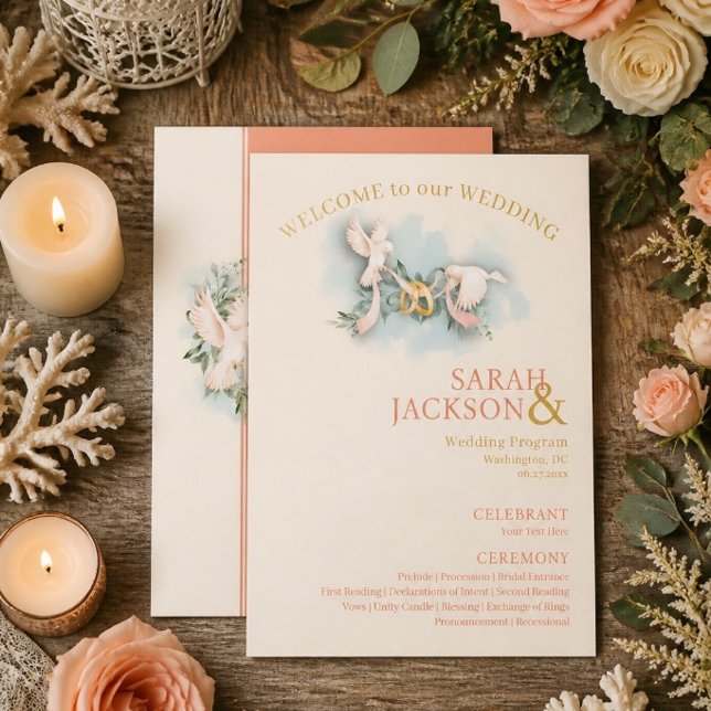 Romantic Doves Coral Wedding Program (Creator Uploaded)