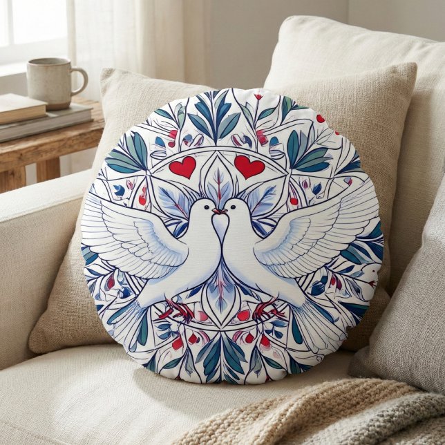 Romantic Doves & Floral Heart Mandala Round Pillow (Creator Uploaded)