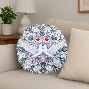 Romantic Doves & Floral Heart Mandala Round Pillow