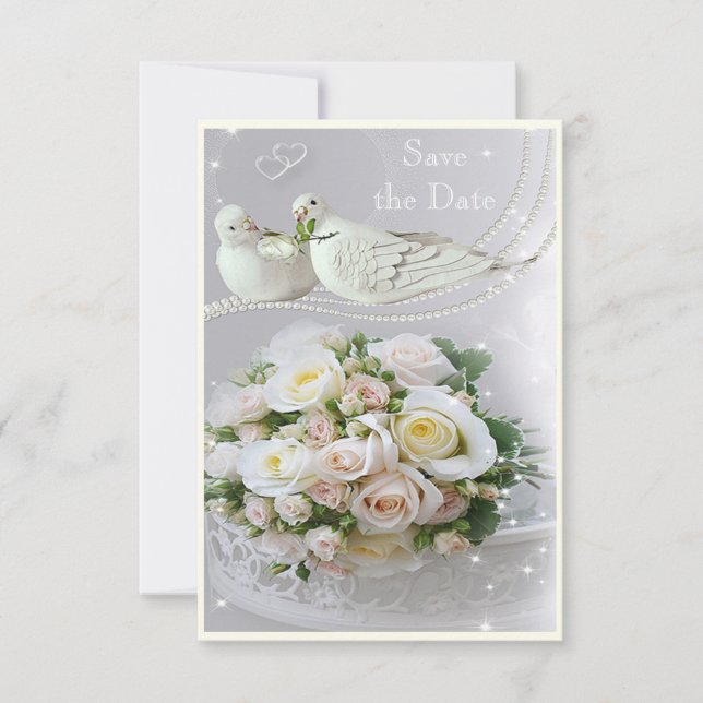 Romantic Doves, Sparkles & Roses Save the Date (Front)