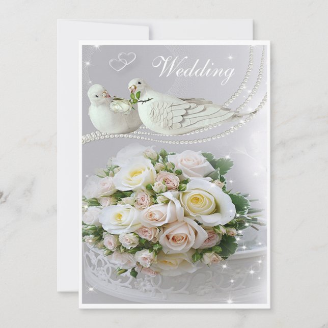 Romantic Doves, Sparkles & Roses Wedding Invitation (Front)