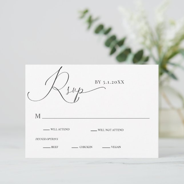 Romantic Drama Calligraphy Wedding RSVP Card (Standing Front)