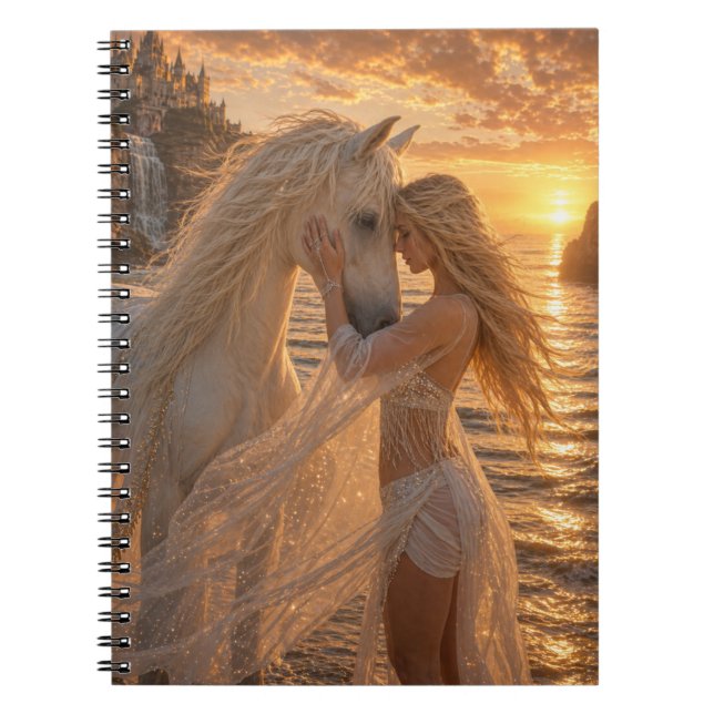 Romantic dreamy Horse and Damsel Seaside Sunset Notebook (Front)