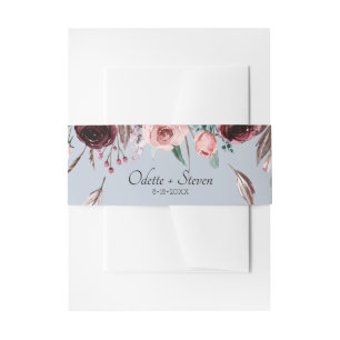 Romantic Dusty Blue and Burgundy Flowers Wedding Invitation Belly Band