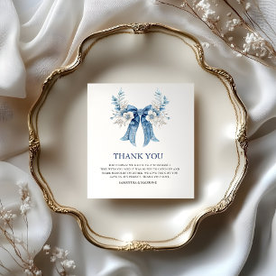 Romantic Dusty Blue Bow & Roses Wedding Thank You Card