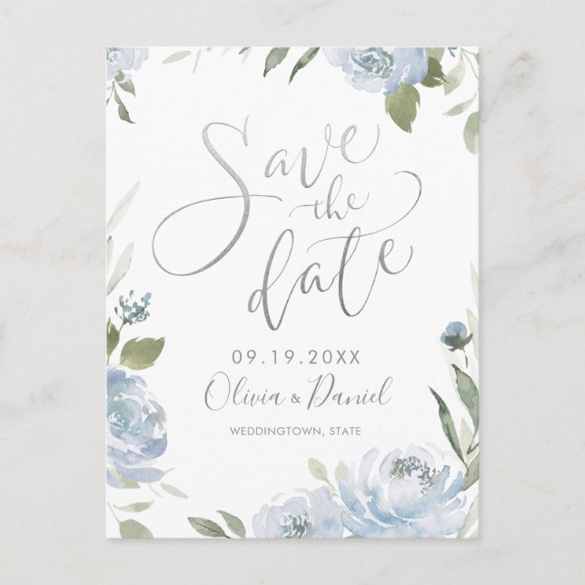 Romantic dusty blue  calligraphy save the date postcard (Front)