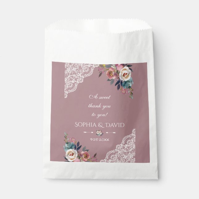 Romantic Dusty Blue Dusty Rose Flowers Wedding Favour Bag (Front)