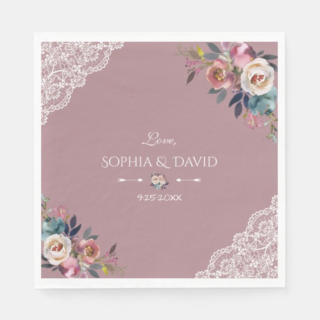 Romantic Dusty Blue Dusty Rose Flowers Wedding Napkin (Front)