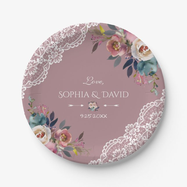 Romantic Dusty Blue Dusty Rose Flowers Wedding Paper Plate (Front)
