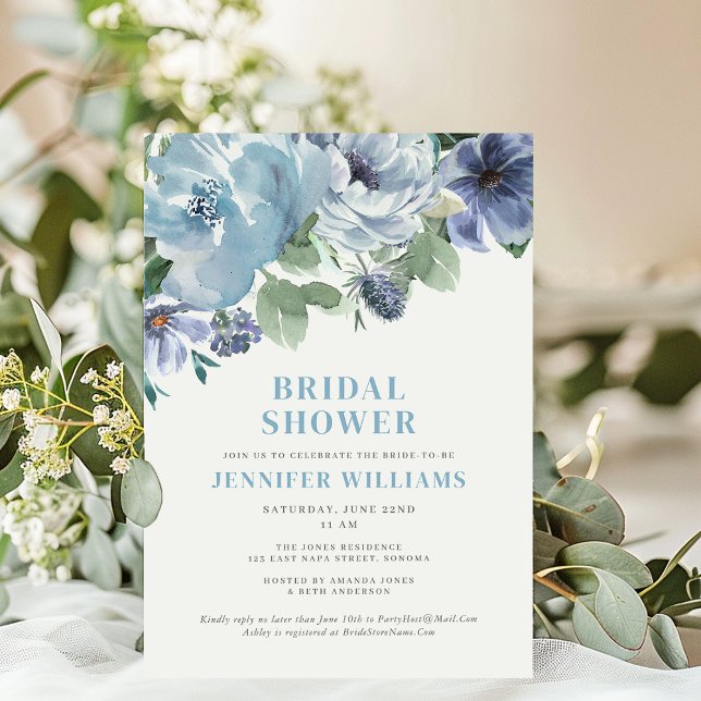 Romantic Dusty Blue Floral Bridal Shower Party Invitation (Creator Uploaded)