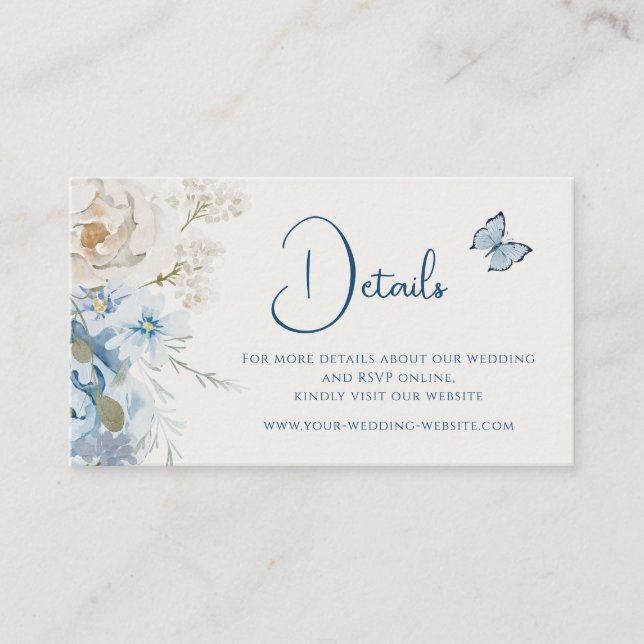 Romantic Dusty Blue Floral Details Wedding Business Card (Front)