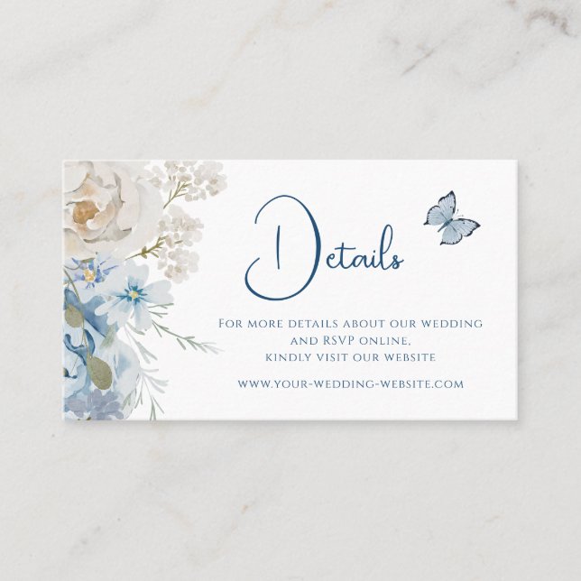 Romantic Dusty Blue Floral Details Wedding Business Card (Front)