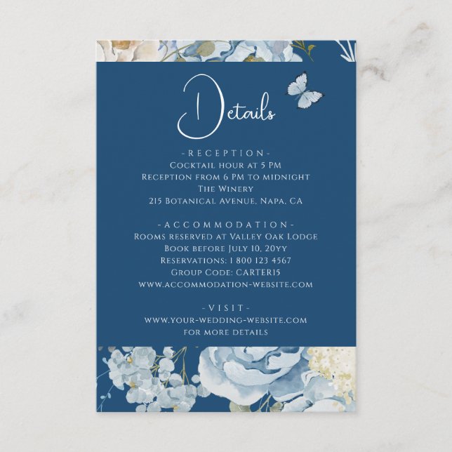 Romantic Dusty Blue Floral Details Wedding Enclosure Card (Front)