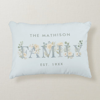 Romantic Dusty Blue Floral Family Monogram MH26 Accent Pillow