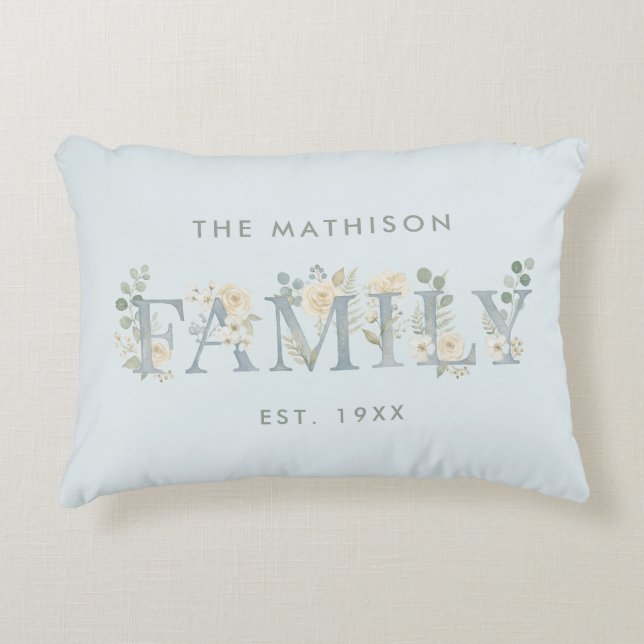 Romantic Dusty Blue Floral Family Monogram MH26 Accent Pillow (Front)