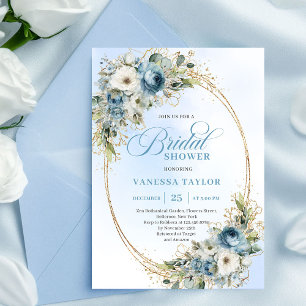 Romantic Dusty Blue Floral Gold Frame Bridal Showe Invitation