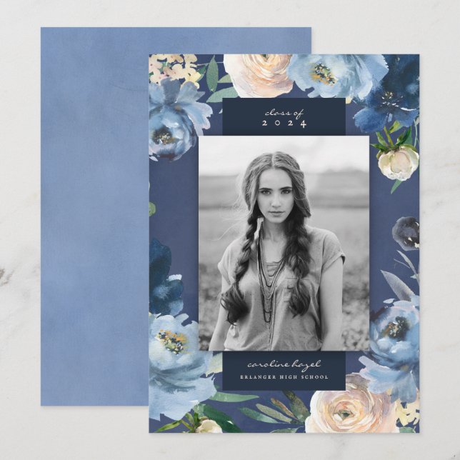 Romantic Dusty Blue Floral Graduation Photo Announcement (Front/Back)