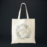 Romantic dusty blue floral mother of the bride tote bag<br><div class="desc">Modern mother of the bride script with watercolor floral wreath in dusty blue and sage green,  elegant and romantic,   great personalized bridal party gifts for mother of the bride.</div>