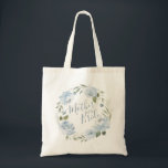 Romantic dusty blue floral mother of the bride tote bag<br><div class="desc">Modern mother of the bride script with watercolor floral wreath in dusty blue and sage green,  elegant and romantic,   great personalized bridal party gifts for mother of the bride.</div>
