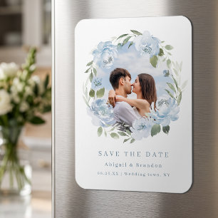 Romantic dusty blue floral photo save the date magnet