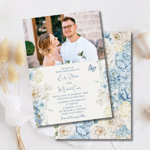 Romantic Dusty Blue Floral Photo Wedding Invitation