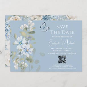 Romantic Dusty Blue Floral QR Code Wedding Save The Date