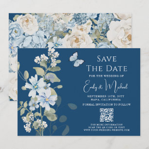 Romantic Dusty Blue Floral QR Code Wedding Save The Date