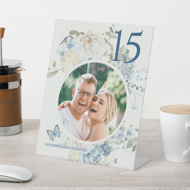Romantic Dusty Blue Floral Wedding Photo Pedestal Sign (In SItu)