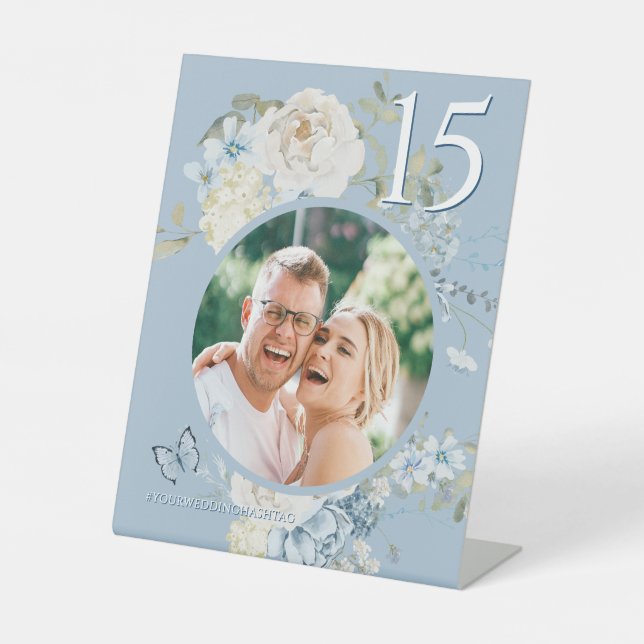 Romantic Dusty Blue Floral Wedding Photo Pedestal Sign (Front)