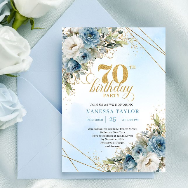 Romantic dusty blue florals gold frame 70 birthday invitation (Romantic dusty blue florals gold frame 70th birthday

)