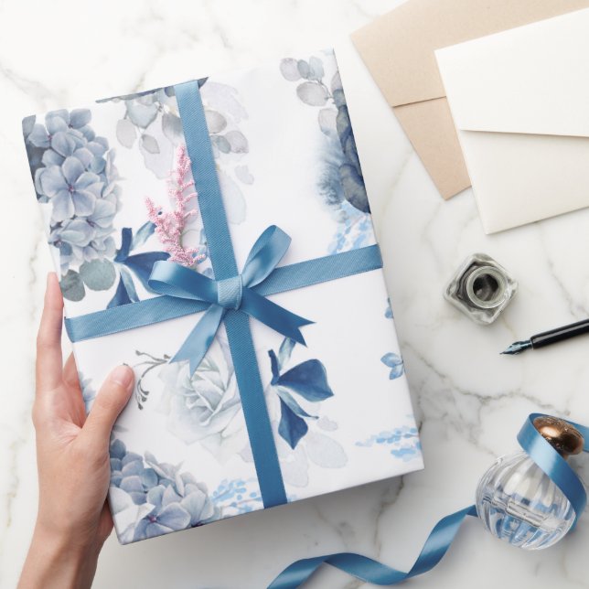 Romantic Dusty Blue Flowers Elegant Modern Wrapping Paper (Gifting)